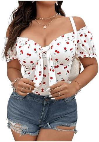 Floerns Women's Plus Size Cherry Print Off Shoulder T Shirt Short Sleeve Tie Front Tee Tops XXL