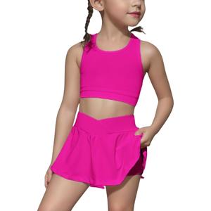 SOLY HUX Toddler Girl's 2 Piece Workout Outfits Lightweight Crop Tank Tops and Skort Athletic Set (4T, Plain Hotpink)