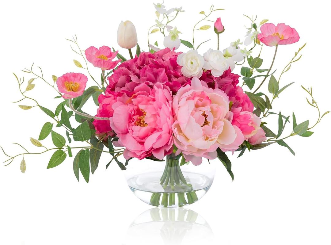 Artificial Flowers in Vase, WELL KNOWN Silk Hydrangea Bouquet and Peonies Artificial Flowers Table Centerpieces with Faux Water for Home Decor Fake Tulips Flower Arrangements for Table Decor (Fuchsia) (Mix Peony-fuchsia)