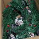 Remote Control 24 Inch Christmas Wreaths for Front Door Christmas Wreath with 50 Warm White & Colorful Lights 8 Mode Timer Snowy Bristle Pine Tips Pinecones Red Berried Xmas Wreath for Home Wall Porch