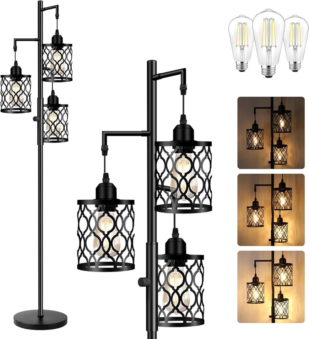 ROTTOGOON Dimmable Farmhouse Floor Lamp, Industrial Floor Lamp for Living Room with 3 X 6W LED Bulbs, 3 Light Rustic Standing Tall Lamp for Bedroom, Office, 68" (Black-68")