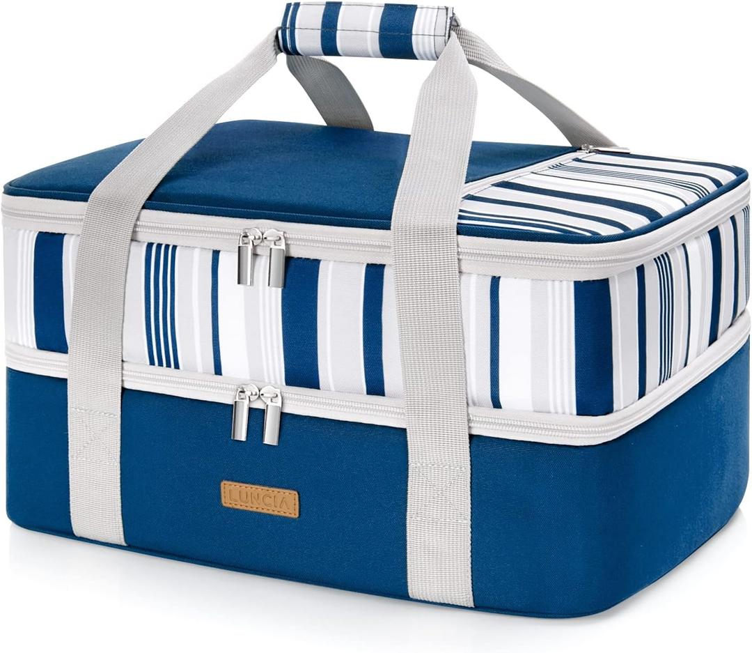 Double Decker Insulated Casserole Carrier for Hot or Cold Food, Lasagna Holder Tote for Potluck Parties/Picnic/Cookouts, Fits 9"x13" Baking Dish, Blue (15.7 x 11.4 x 8.3inch)