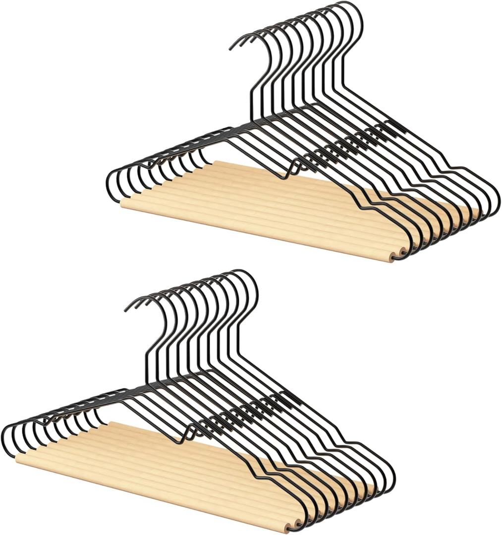 StorageWorks Wire Hangers with Wooden Bar, Heavy Duty Metal Hanger for Pants, Coats, Shirts, Jackets and Suits, 20 Pack (Natural Wood Color)