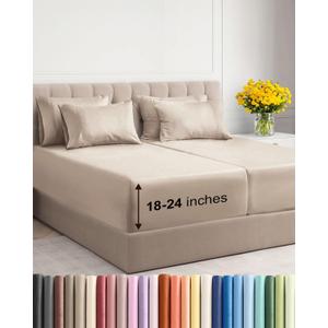 Extra Deep Split King Sheet Set - 7 Piece Breathable and Cooling Sheets - Hotel Luxury Bedding for Women, Men, Kids & Teens - Easy Secure Fit - Soft, Wrinkle Free & Comfy - Extra Deep Pockets - Wheat