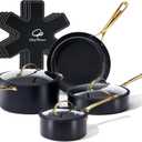 Chef Power Ceramic Cookware Sets, 10Pcs Pots and Pans Set Non Stick, Cookware Set with Stainless Steel Handle, Dishwasher & Oven Safe, Stone Black and Light Gold Handle