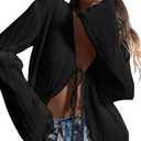 ZAFUL Women's Deep V Neck Tie Front Top Flare Sleeve Plisse Pleated Blouse Shirt Top Y2k Vintage Streetwear, Size M