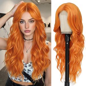 Long Orange Wavy Wig for Women 26 Inch Curly Wavy Wig Natural Looking Synthetic Heat Resistant Fiber Wig for Daily Party Use