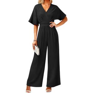 LOOKBOHO Women's One Piece Jumpsuits Dressy Casual V-Neck Batwing Short Sleeve Wide Leg Elegant Ladies Jumpsuit Rompers (Black), XXL