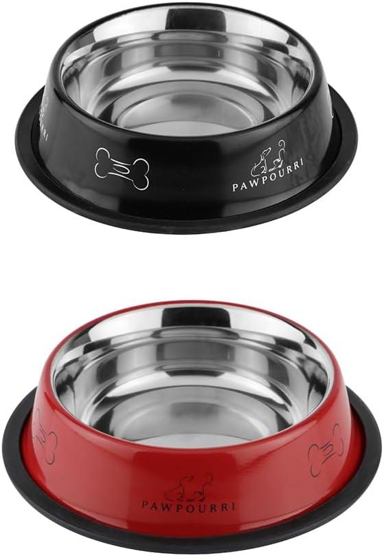 Combo of Anti-Skid Water and Food Feeding Bowls Pack of 2 Stainless Steel Pet Bowl Black & White, 23.66 fl oz Each, Black + Red