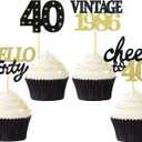 24 Pcs Glitter 40th Birthday Cupcake Toppers for Celebrating Forty Years Old Birthday Party Decorations (Black&Gold)