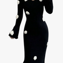 MakeMeChic Women's Elegant 3D Floral Bell Sleeve V Neck Midi Sweater Dress Fall Bodycon Dresses, Size M