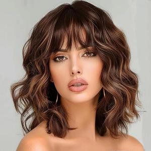 Short Wavy Wig with Bangs Light Brown Wig for Women Shoulder Length Bob Wig Women's Wigs Synthetic Heat Resistant Fiber Wigs for Daily Party Use (14 Inches)