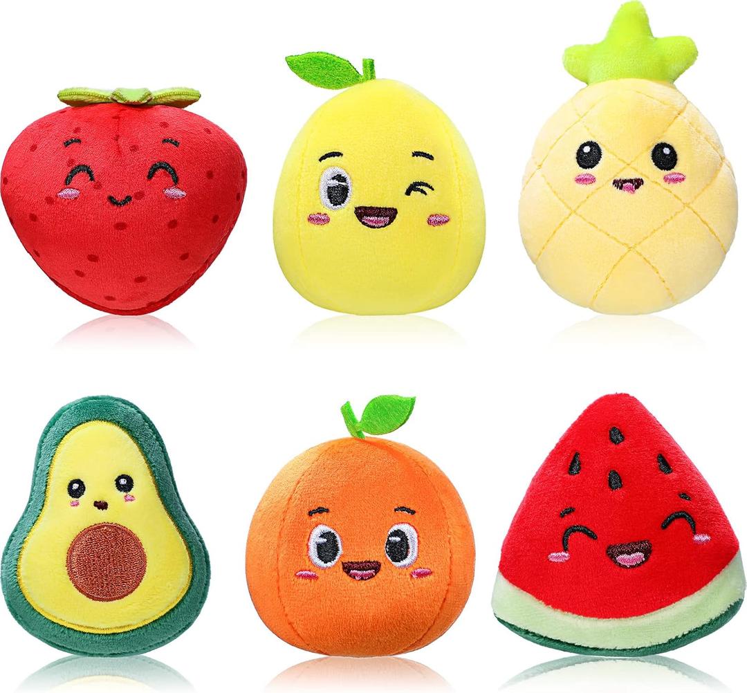 Aoriher Sensory Toys for Kids, 6 Pcs Mini Fruit Stuffed Plush Toy for Girls or Boys as Party Decorations, Toddler Pretend Play Kitchen Food, Classroom Prizes, Avocado Strawberry Orange Pineapple