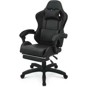 Magshion High-Back Gaming Chair with Footrest, Ergonomic Adjustable Recliner, 360 Swivel PU Leather Computer Chair with Headrest, Lumbar Support and Retractable Footrest for Home Office, Black