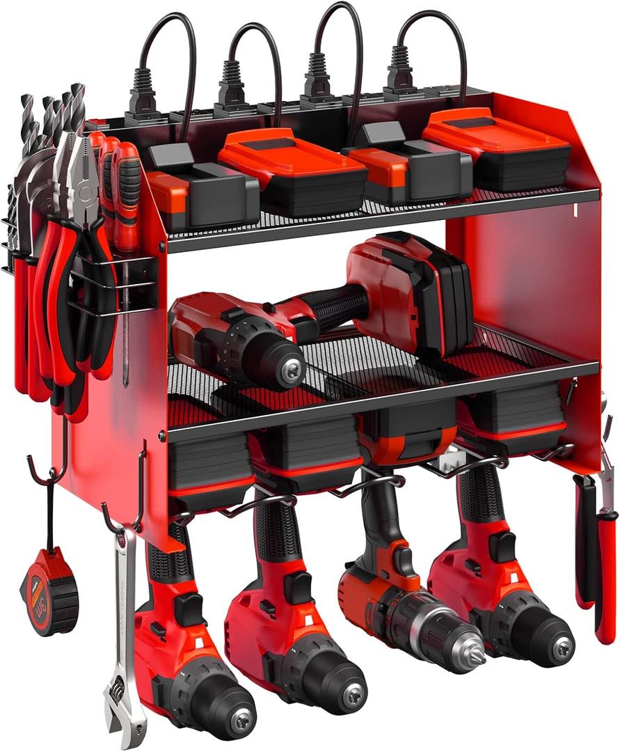 CCCEI Modular Power Tool Organizer Wall Mount with Charging Station. Garage Drill Storage Shelf with Hooks, Heavy Duty Rack, Tool Battery Holder Built in 8 Outlet. Gift for Men. Red, 1 Pack