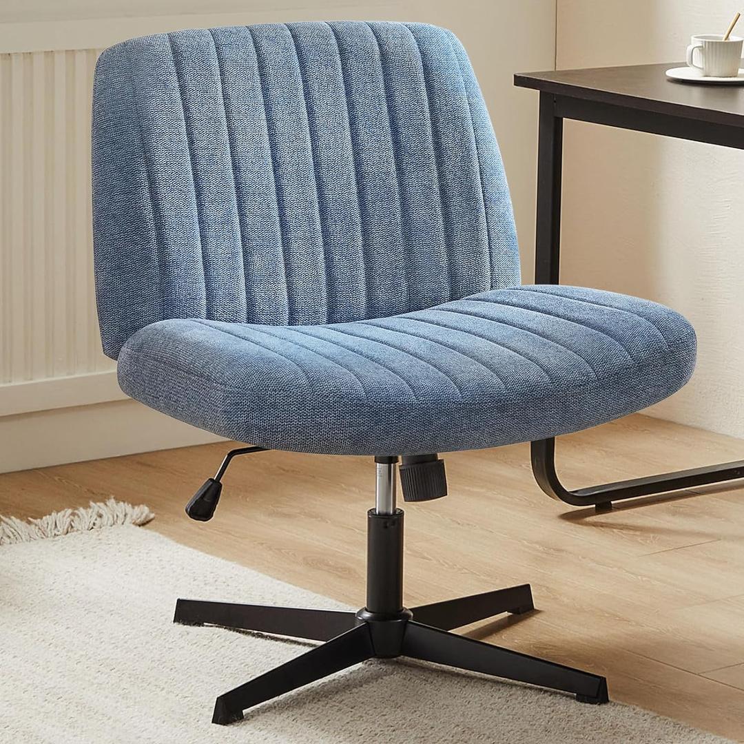 Sweetcrispy Criss Cross Chair Legged, Armless Office Desk Chair No Wheels, Swivel Vanity Chair, Height Adjustable Wide Seat Computer Task Chair, Fabric Vanity Modern Home Chair Blue 