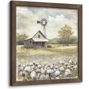 old barn Farmhouse Wooden Framed Wall Art: Rustic Picture Farm Windmill Painting Country Flower Field Meadow Prints Rural Scene Artwork for Bedroom Bathroom Living Room