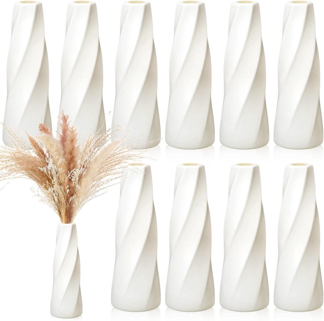 Didaey 10 Pack Composite Plastic Flower Vases Bulk White Small Boho Floral Vases for Dried Flower Bouquet Pampas Grass Centerpieces Fall Wedding Party Living Room Decor(Retro) White