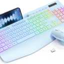 Wireless Keyboard and Mouse Combo, 9 Backlit Effects, Wrist Rest, Phone Holder, 2.4G Lag-Free Ergonomic Keyboards, Rechargeable Silent Cordless Set for Computer, Laptop, Mac, Windows -SABLUTEBlue