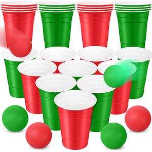 32 Pcs Christmas Party Game Set Include 16oz Red Green Plastic Cups with 8 Balls, Beer Cups for Xmas Holiday House Party Favor Birthday BBQ Outdoor Toss Game Supplies