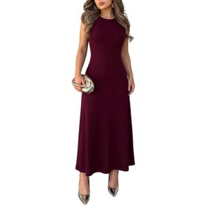 Women's Casual Crew Neck Sleeveless Flared A-Line Hem Long Tank Dress (Red, L)