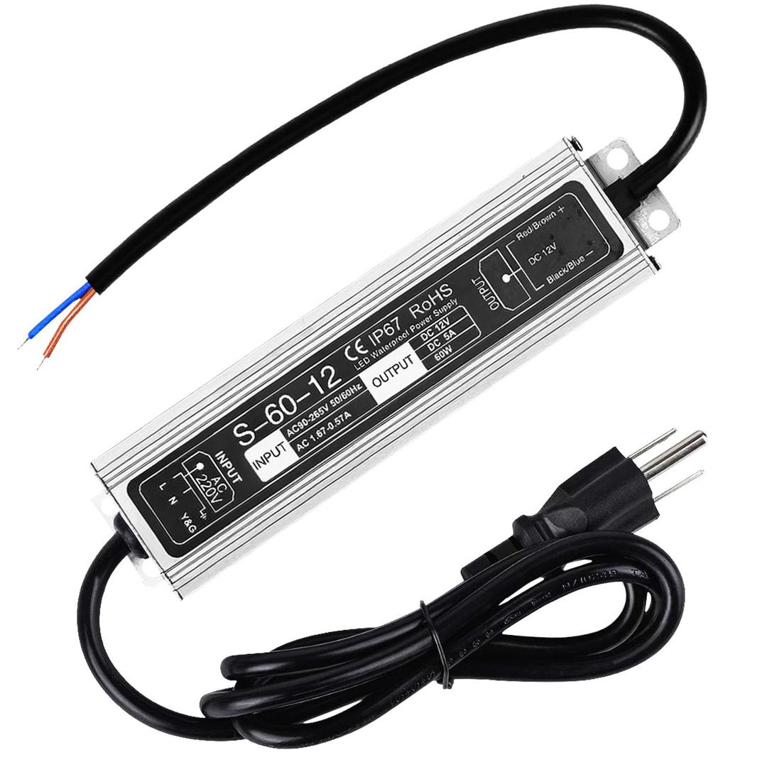 LED Driver 60W IP67 Waterproof Low Voltage Transformer Adapter, AC90-265V to DC12V 5A Power Supply with 3-Prong Plug 3.3 Feet Cable, Efficient Converter for LED Strip Lighting, Outdoor and Indoor Use