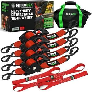 Rhino USA Retractable Ratchet Straps (3-Pack) - 2 Inch x 10 Feet (3,033lb Break Strength) - Heavy Duty Auto Self Retracting Tie Down Straps for Truck, Cargo Trailer, Motorcycle, Rad & More - Red