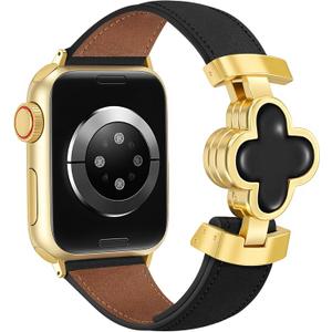 MOINSPIRE Designer Slim Leather Bands for Women,Lucky Four-Leaf Clover Cute Dressy Magnetic Watch Bands for iwatch Compatible with Apple Watch Series 11/10/9/8/7/6/5/4/3/2/1 SE 1/2/3 Ultra 1/2/3