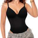 Nebility Shapewear Bodysuits for Women Tummy Control Slimming V Neck Shapewear Bodysuit Thong Body shaper with Underwire (Black) Small