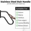 Handrails Wall Mount Stair Safety Handle Non-Slip Step Metal U-Shape Grab Yard Mounted Garage Porch Garden Hand Railings Powder Coated Heavy Duty Indoor or Outdoor Safe Bars Black for 1 to 3 Steps