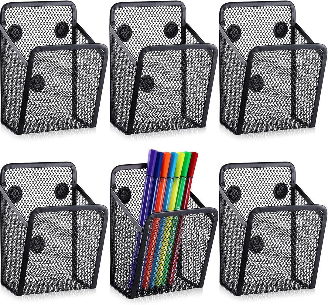 Yexiya Magnetic Pencil Holder Metal Magnetic Basket Mesh Pen Holder Black Desk Organizer for Work Whiteboard Refrigerator Locker Office Accessories(6 Pcs)