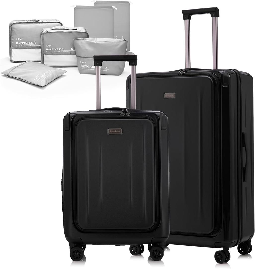 Premium Carry On Luggage, 20Inch+29 Inch Top Opening Airline Approved ABS+PC Hard Shell Suitcases with Silent Wheels, TSA Lock,Front Pocket and Wet-dry Separated Six-piece Set (Black)