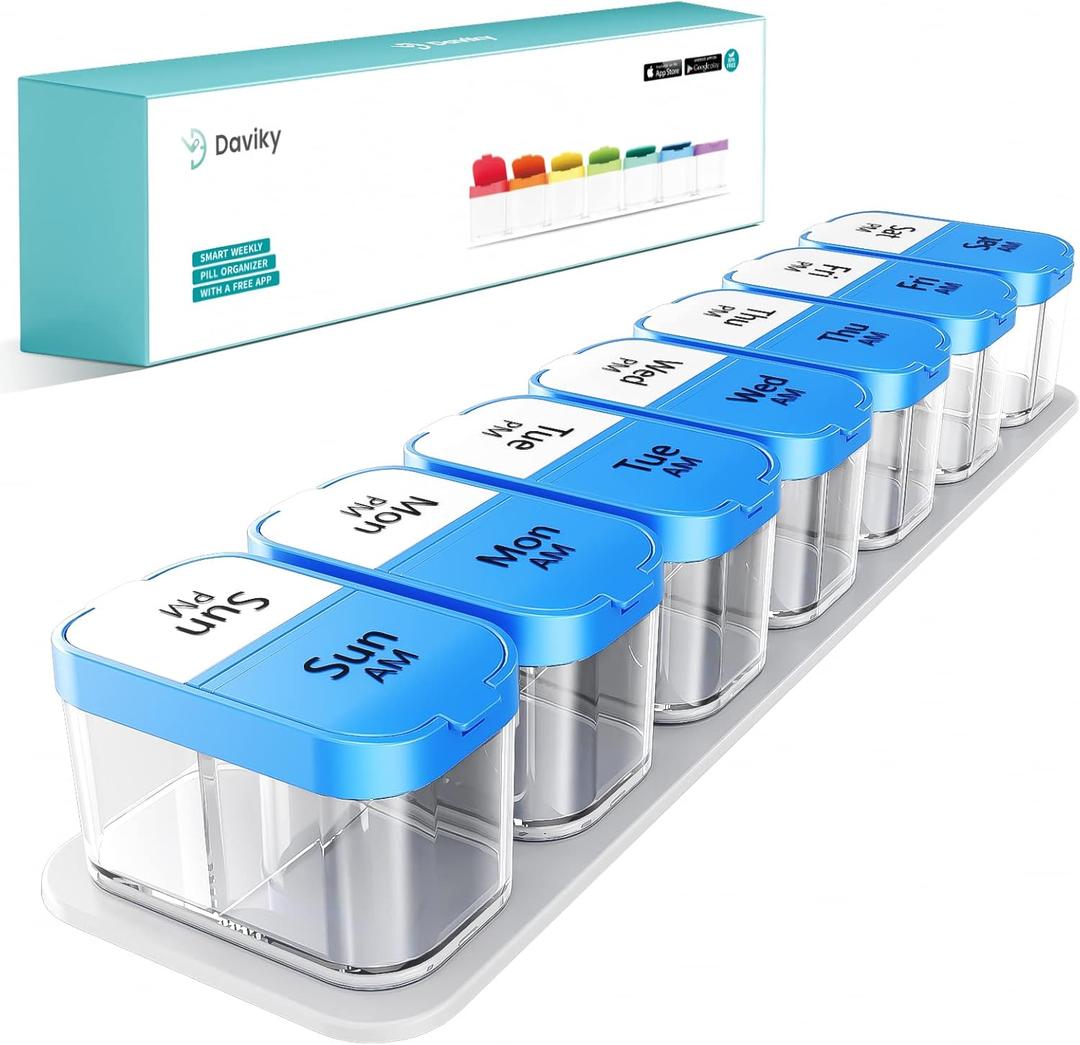 Daviky Large Pill Organizer 2 Times a Day - XL Pill Box 7 Day, Big Vitamin Holder with 7 Detachable AM/PM Compartments, Big Supplement Container for Weekly or Daily Use (Blue)
