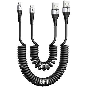 iPhone Charger Cable for Car (3FT/5FT), 2Pack Coiled Lightning Cable, [Apple MFi Certified] Retractable Charging Cord Compatible with iPhone 14/13/12/11 Pro Max/XS MAX/XR/XS/8/iPad/iPod/CarPlay