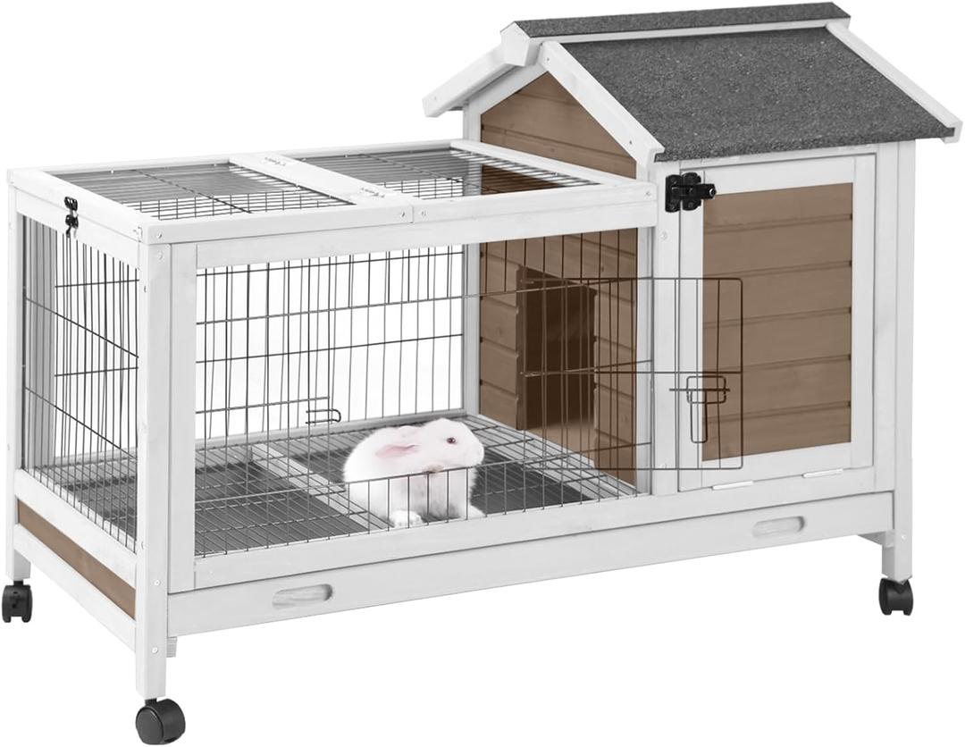 Wooden Rabbit Hutch Indoor and Outdoor, Rabbit Cage with Removable Wire Netting and Leak Proof Tray, Mobile Bunny Cage with Wheels (Brown), 40.7 x 22.8 x 28.6 inches