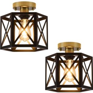 Black Gold Flush Mount Ceiling Light Fixtures, Farmhouse Ceiling Lights with Hexagonal Metal Cage, Modern Close to Ceiling Lamp, Small Chandelier for Kitchen Hallway Porch Bedroom, 2 Pack