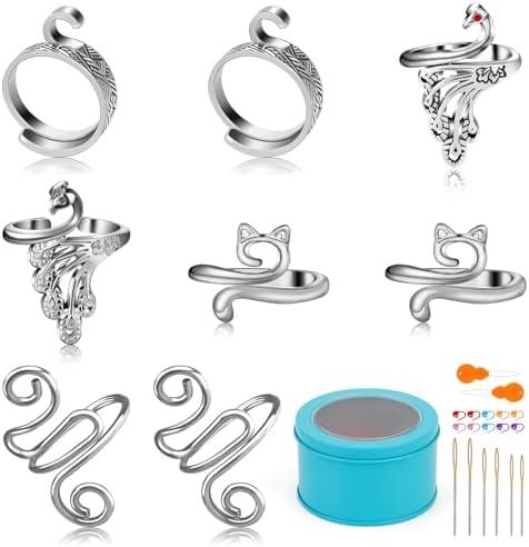 FOUSNOW 8 Pcs Crochet Ring, Adjustable Crochet Ring for Finger, Tension Rings Cat Yarn Guide Yarn Knitting Thimble, Faster Knitting Crocheting Accessories for Mother Grandma