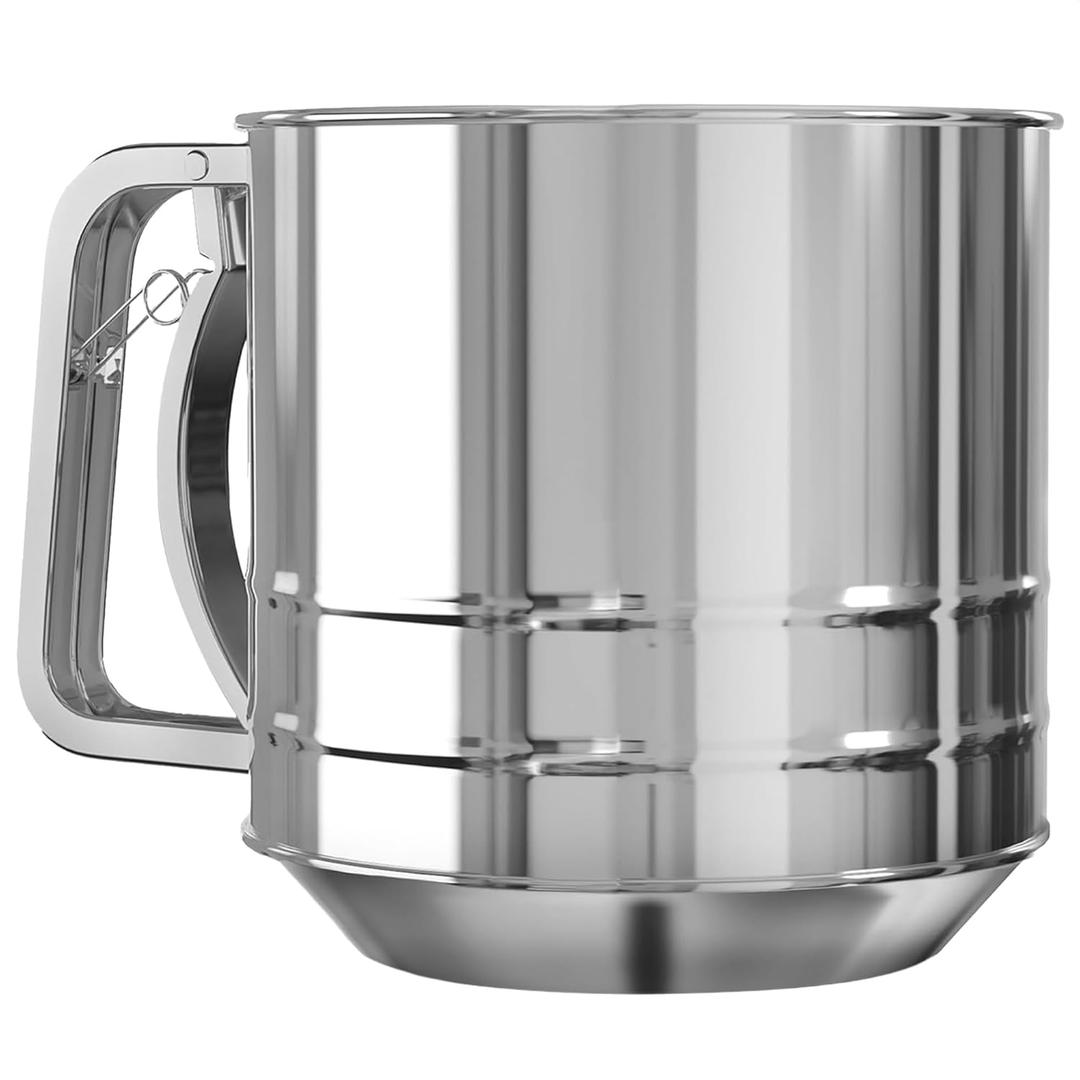 5 Cup Flour Sifter for Baking  Flour Sifter Stainless Steel (5.1" x 5.1") with Double Mesh  One-Hand Operation, Designed for Quick & Easy Sifting