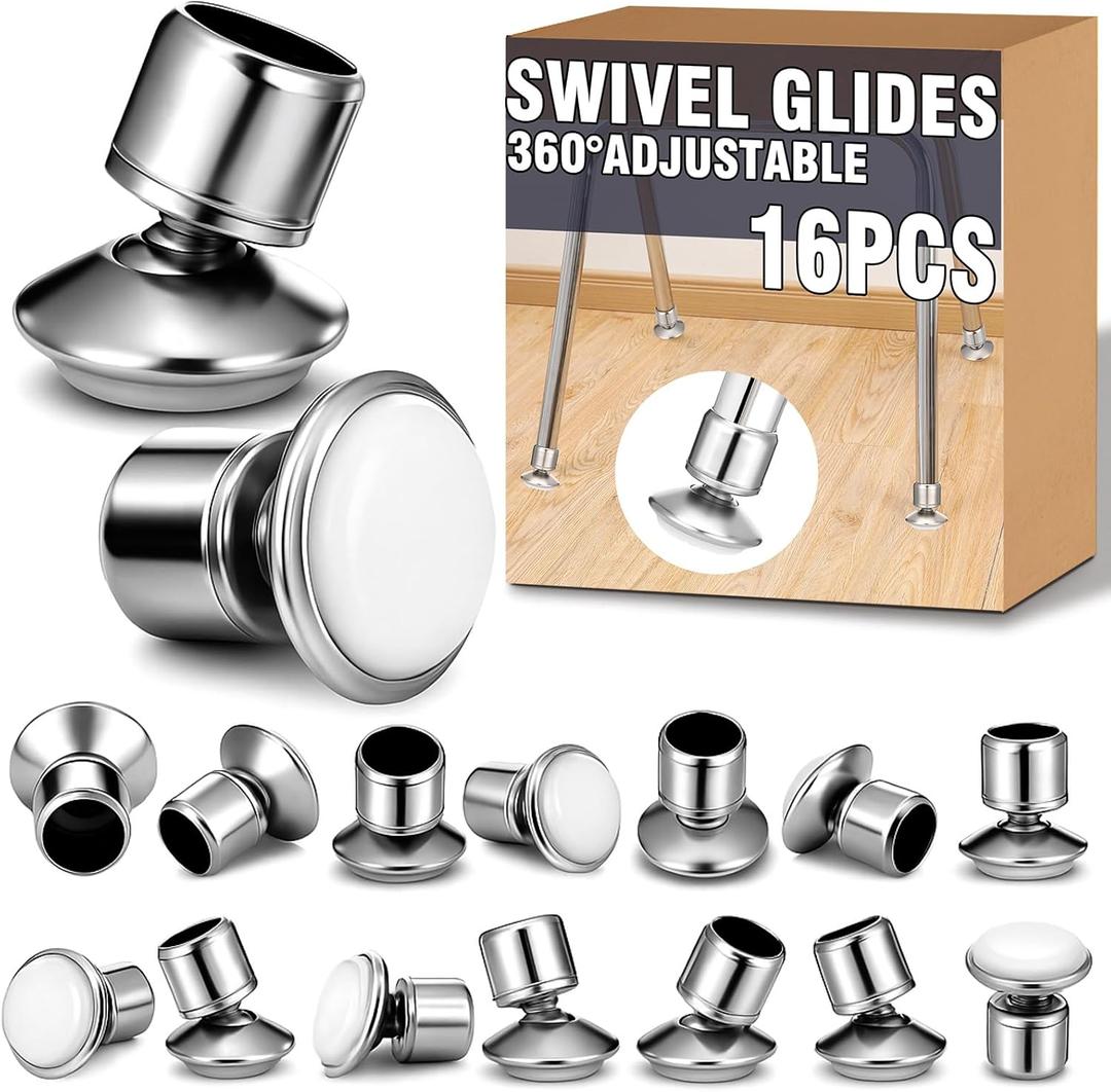 Chunful 16 Pcs 5/8'' Swivel Glides with Beveled Ferrule for Stacking Chair Nylon Steel Plate Base Replacement Swivel Chair Glide Adjustable Furniture Leveler Feet Nickel Plated