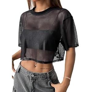 Avanova Women Sheer Mesh Crop Top Boxy Short Sleeve Shirt Black X-Small