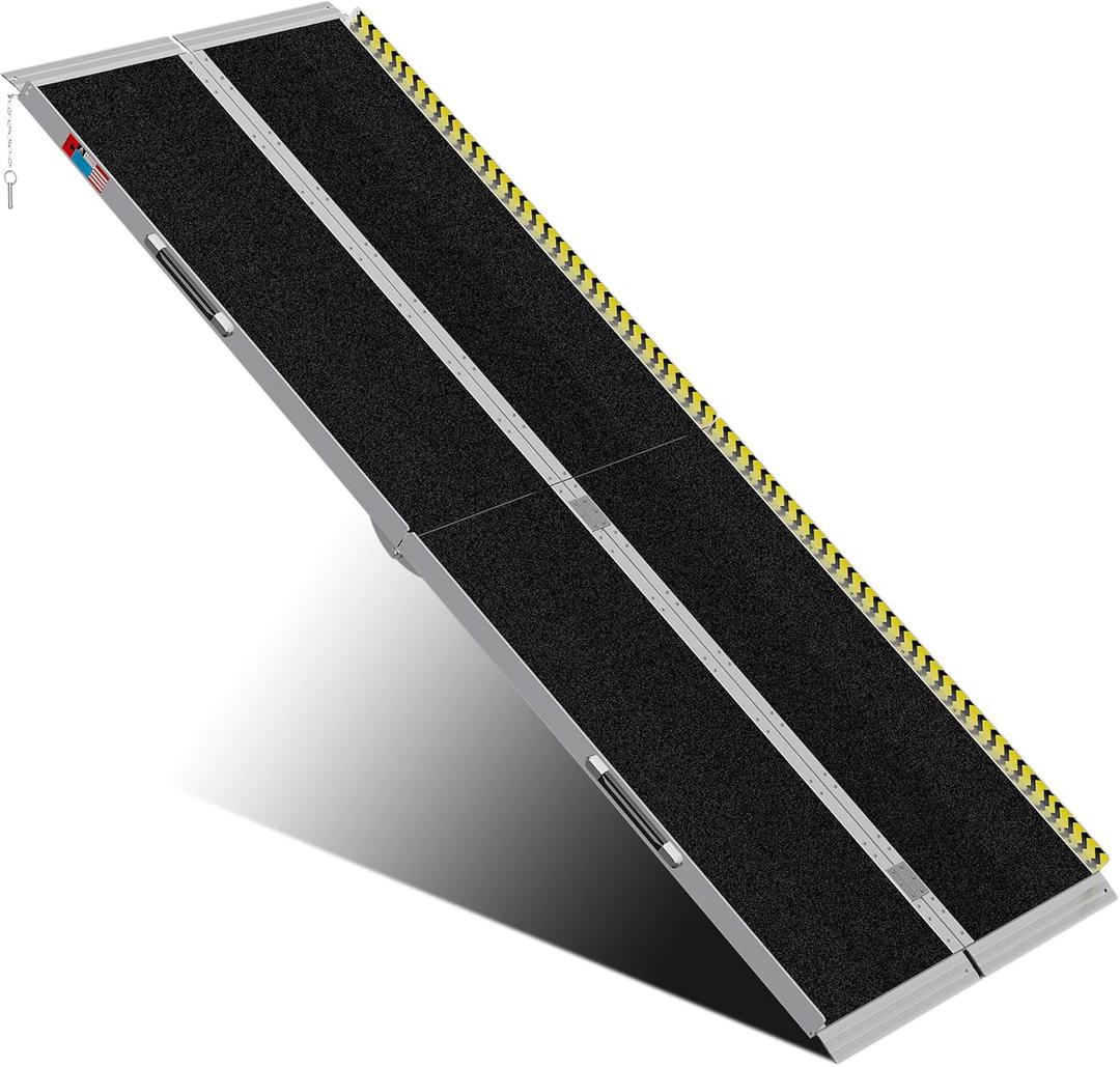 Portable Wheelchair Ramp 8FT, Anti-Slip Aluminum Folding Portable Ramp, Wheelchair Ramps for Home, Weight Capacity Up to 600 LBS, with Transition Plates Above and Below (8FT Using height 8-24")