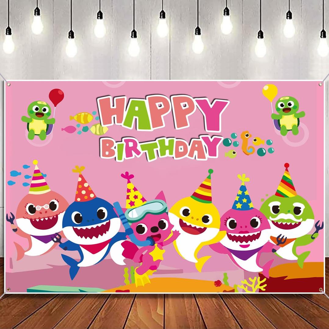 GRAME Shark Backdrop (6x4 FT) for Baby Birthday Party, Photography Blue Cartoon Ocean Photo Background for Boys & Girls, Shark Decorations & Party Supplies (Big Size, 6x4 Feet) (Pink)