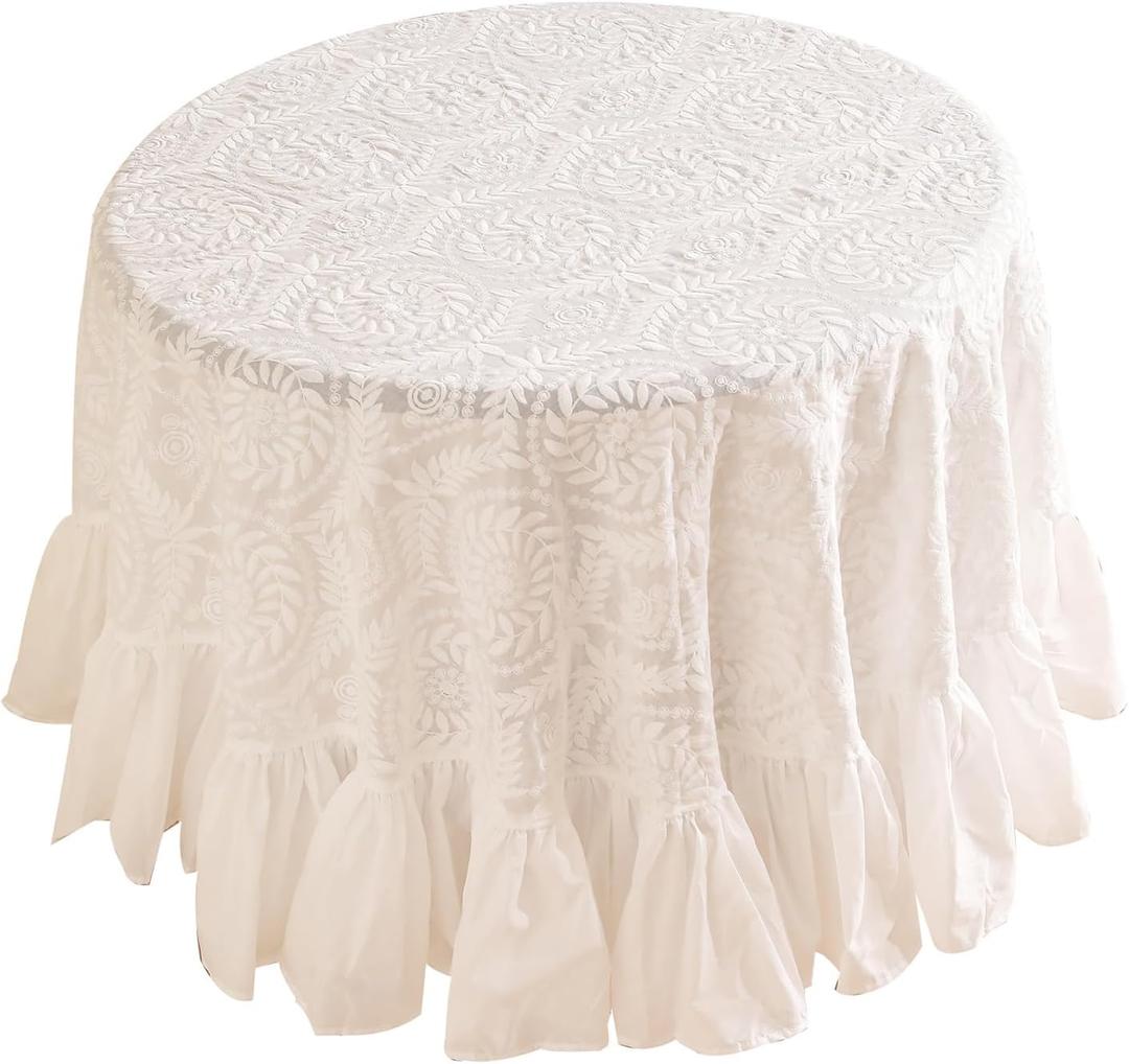 patdrea Vintage Ruffle Tablecloth for Round Tables, Farmhouse Embroidered Cotton White Lace Table Cloth Cover Decor for Dining Room Wedding Banquet Thanksgiving Christmas, Diameter 51"