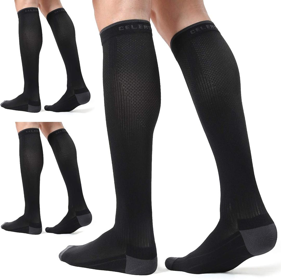 CS CELERSPORT 3 Pairs Compression Socks for Men and Women 20-30 mmHg Running Support Socks (Black, L)