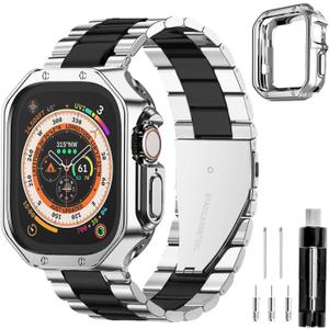 Compatible With Apple Watch Band and Case Iwatch Ultra Series 11 10 9 8 7 6 5 4 3 2 1 SE 42mm 46mm 49mm 45mm 44mm 41mm 40mm 38mm Men Women Classic Executive Classy Stainless Steel Metal Business (Black/Silver)