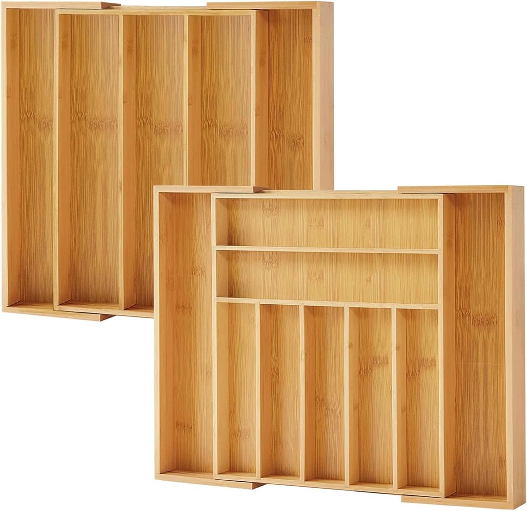 Bamboo Drawer Organizer, 2 Pack - Expandable Silverware Organizer & Utensil Drawer Organizer, Cutlery Tray with Dividers, 7-9 Slots - Premium Kitchen Organizer for Utensils & Flatware (Natural)