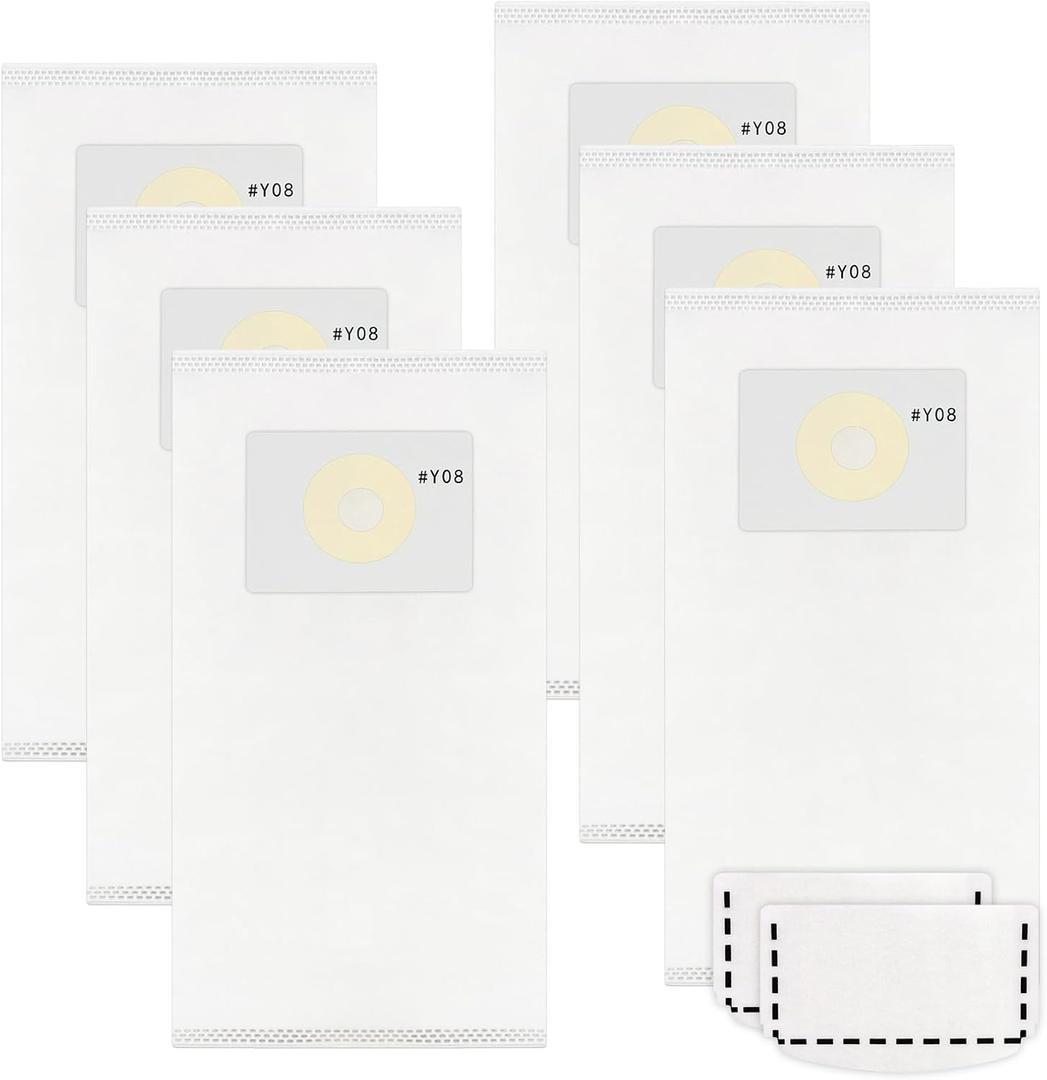 6 Pack Y08 Dust Bags Compatible with Intervac Wall Mounted Vacuum Models: H, F, RM, GH, and GF, with 2 Motor Filters, Part #Y08-5