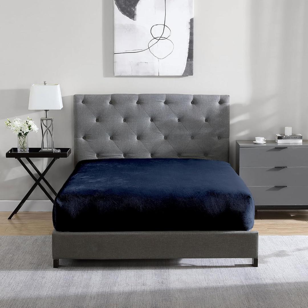 Cathay Home Full Plush Fur Fitted Sheet - Ultra Soft & Thick Plush Fur - All Season Cozy Warmth - 12" Deep Pocket Fitted Sheet Only (Full, Navy)