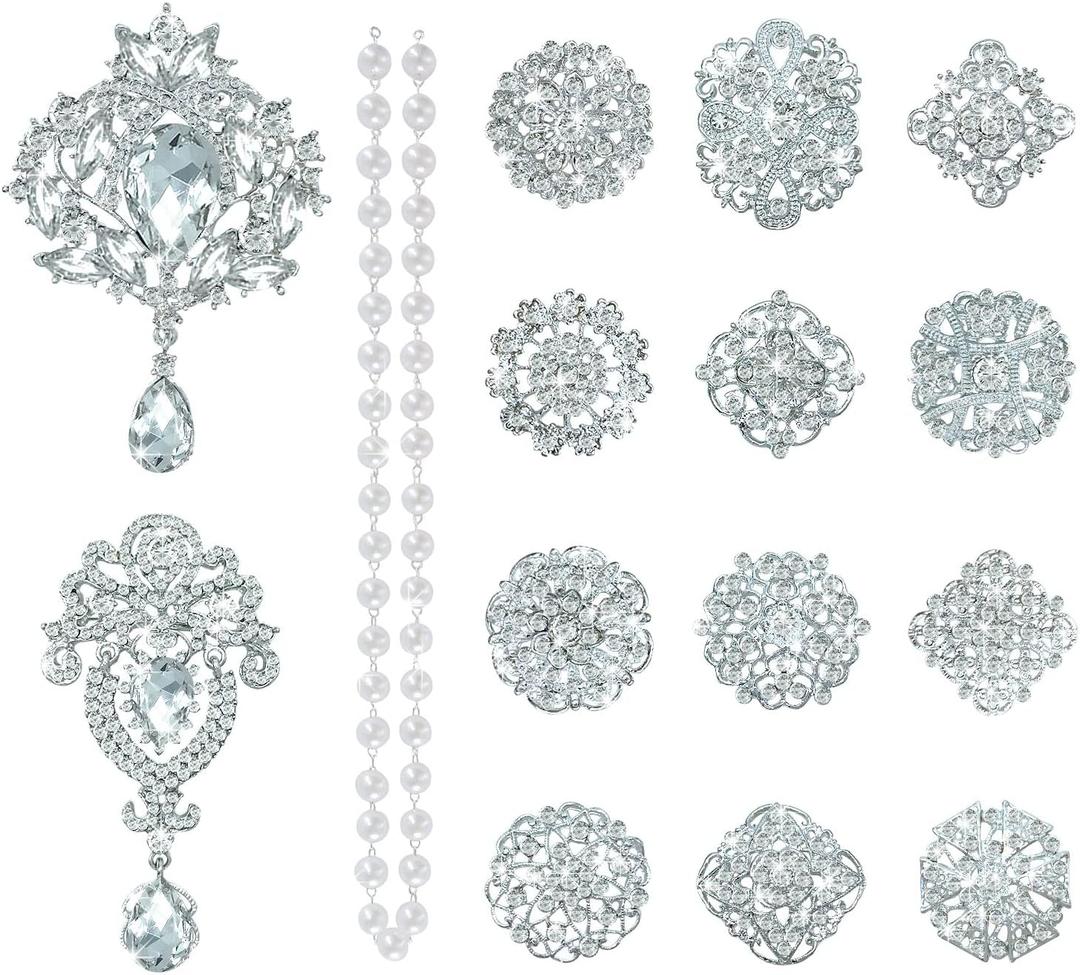 Yhsheen Rhinestone Brooches Crystal Brooch Pins, Pearl Crystal Wedding Bouquet kit Set (Silver, Set of 14)