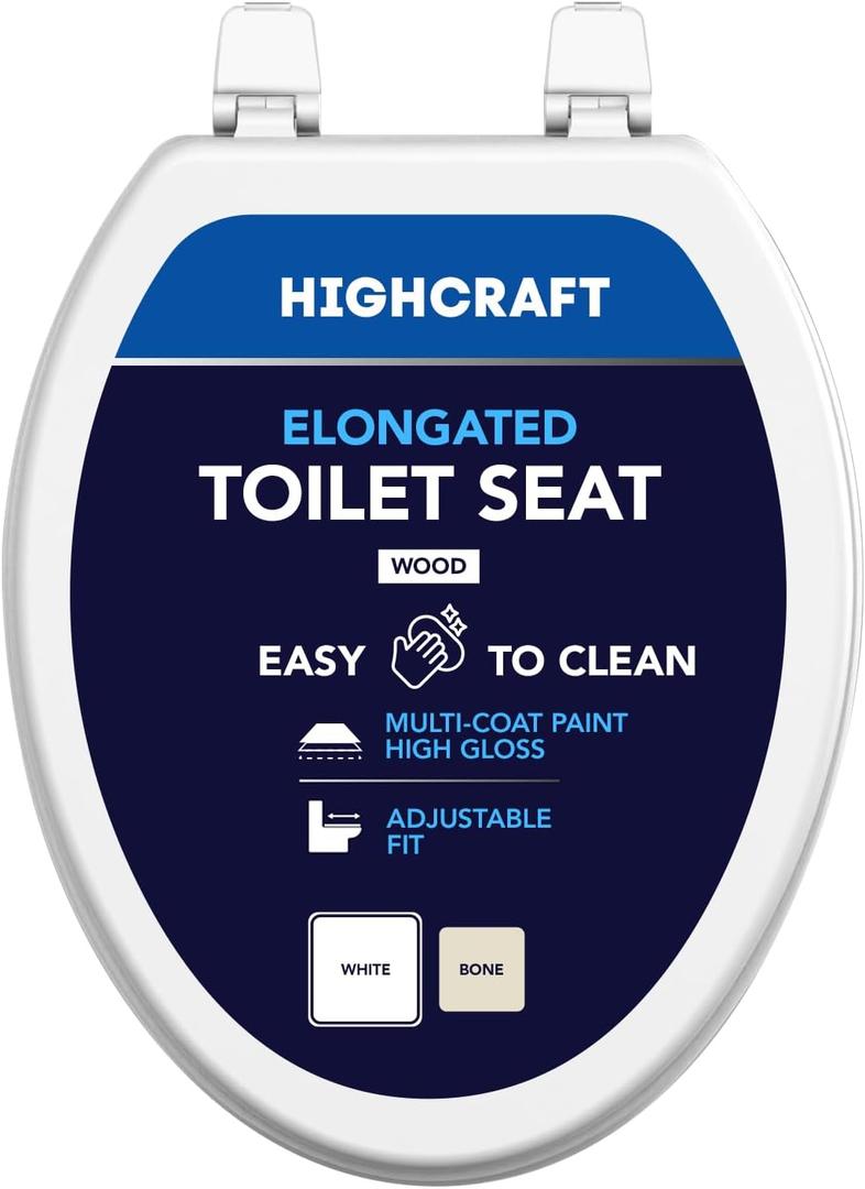 HIGHCRAFT Elongated Toilet Seat with Adjustable Hinges - Molded Wood Toilet Seat - Fits Standard Elongated Toilets - Oval Seat in White